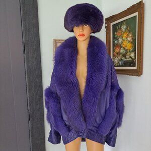 Ted Lapidus PURPLE Fox and Leather Rhinestone Studded Blouson Style Jacket